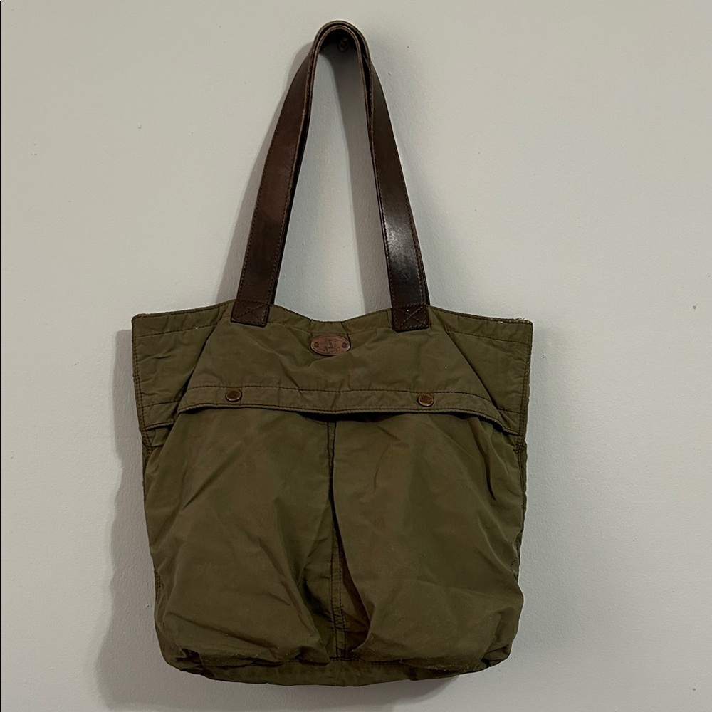 Celine Olive Green Nylon Tote with Dark Brown Leather Straps